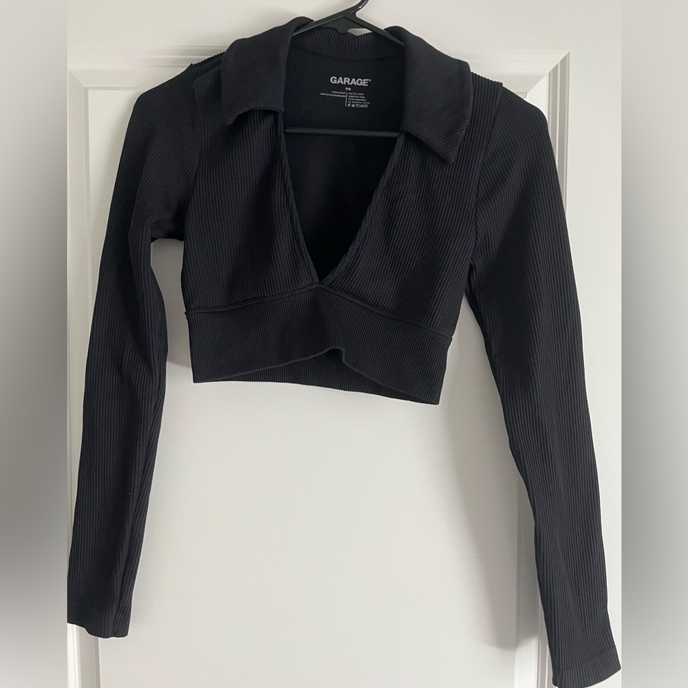 Garage Black Ribbed Long Sleeve V Neck Crop Top